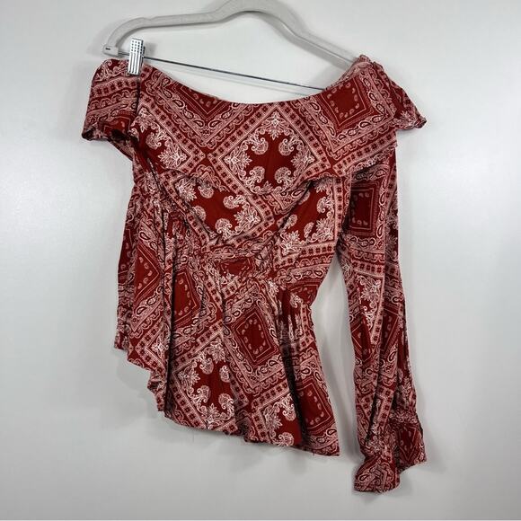 Savanna Jane New Bandana Print One Shoulder Ruffle Peplum Hem Top Large Western - Picture 10 of 12